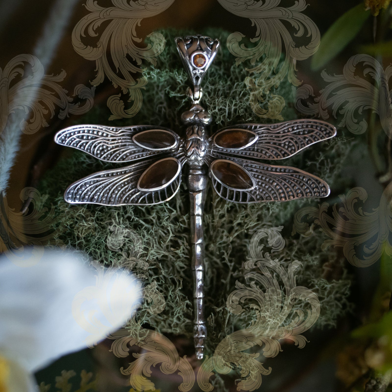 Amber & Citrine Dragonfly Talisman Pendant (.925)