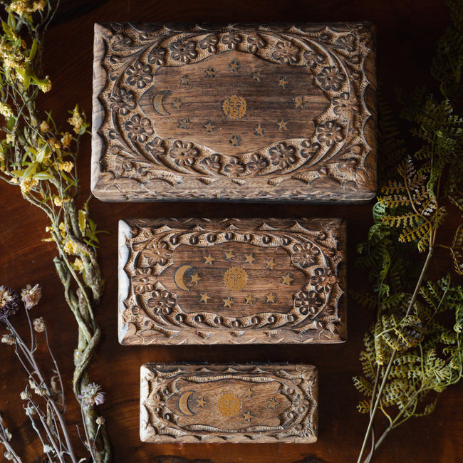 Set of 3 Hand-Carved Floral Boxes (Celestial Inlay)