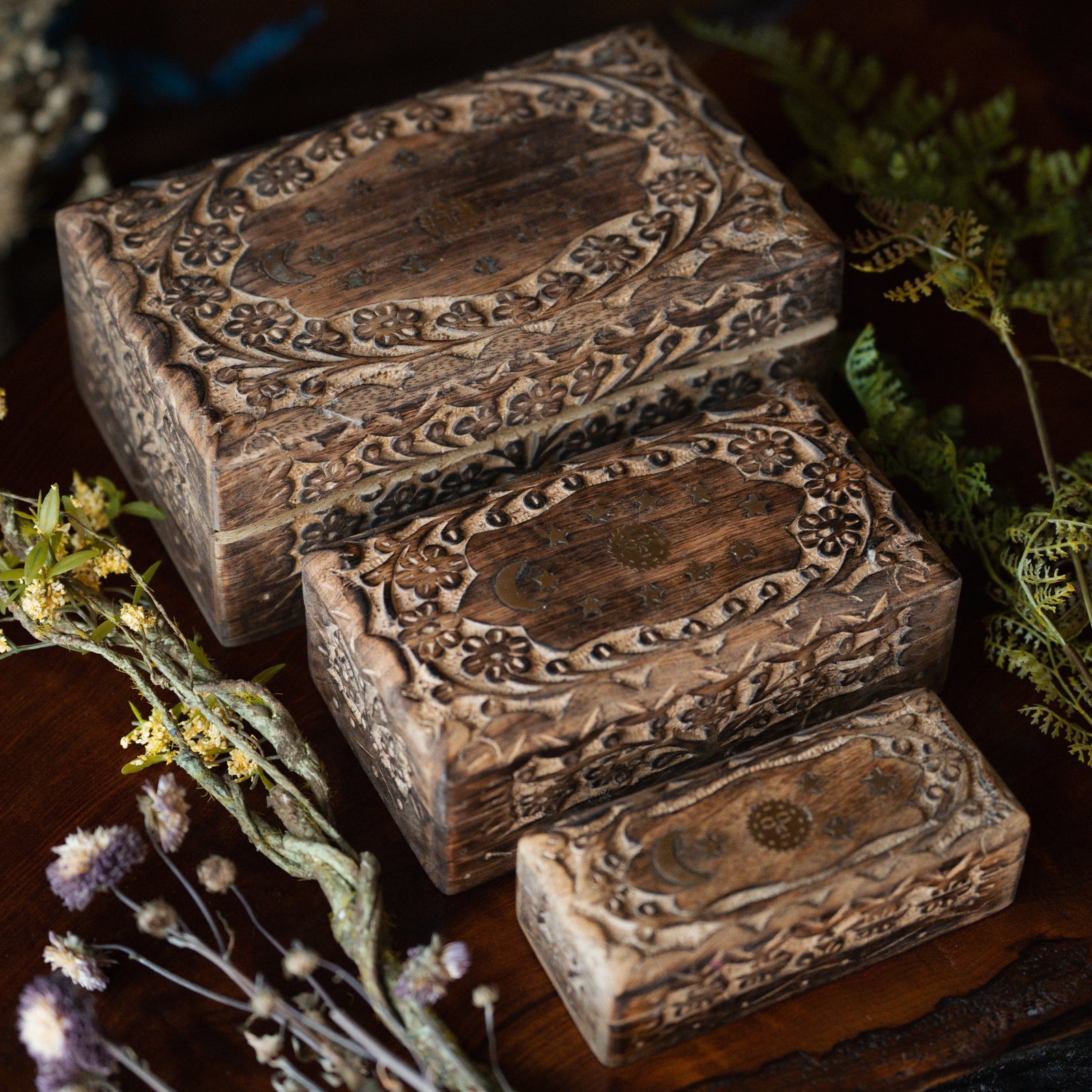 Set of 3 Hand-Carved Floral Boxes (Celestial Inlay)
