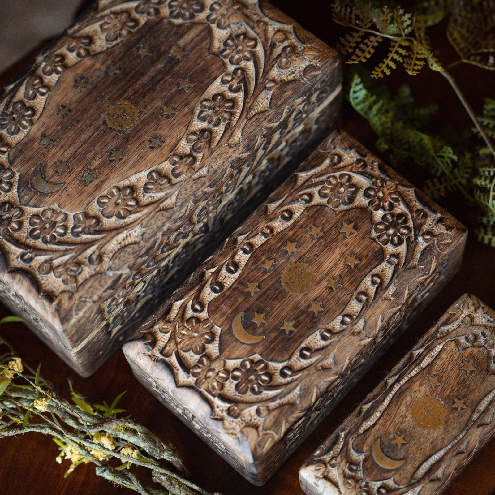 Set of 3 Hand-Carved Floral Boxes (Celestial Inlay)