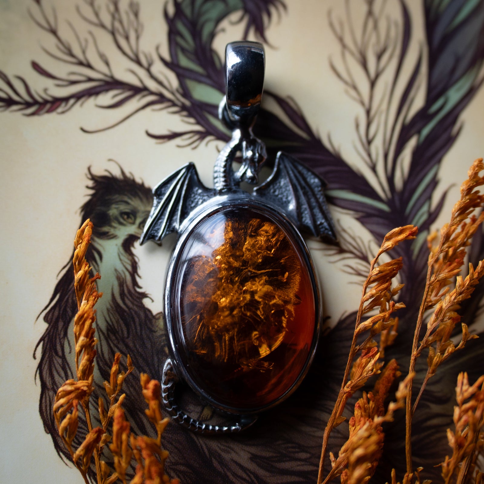 Amber Dragon Egg Pendant (.925)