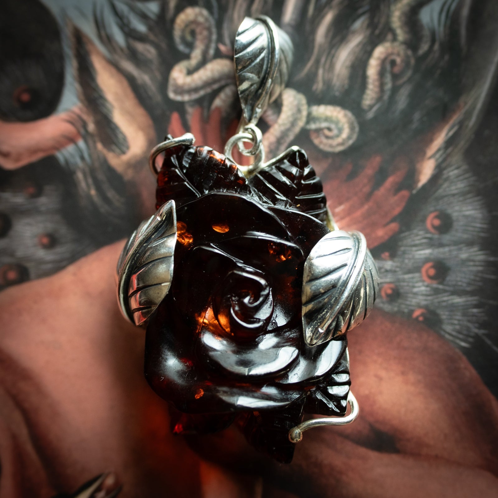 Carved Amber Rose Pendant (.925)