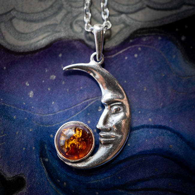 Cognac Amber Crescent Moon Pendant (.925)