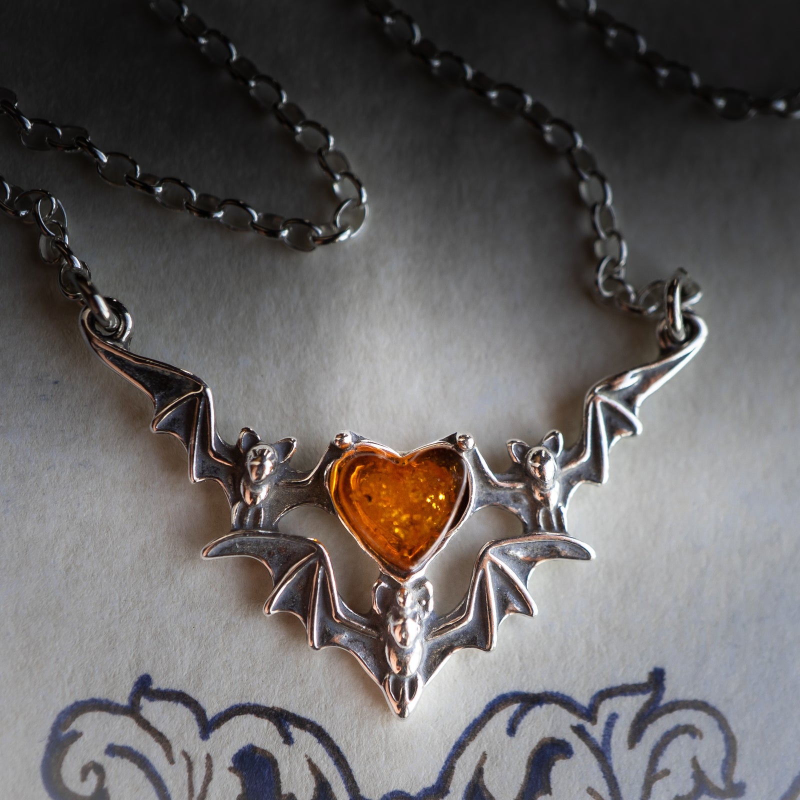 Amber Silver Bat Necklace (.925)(18")
