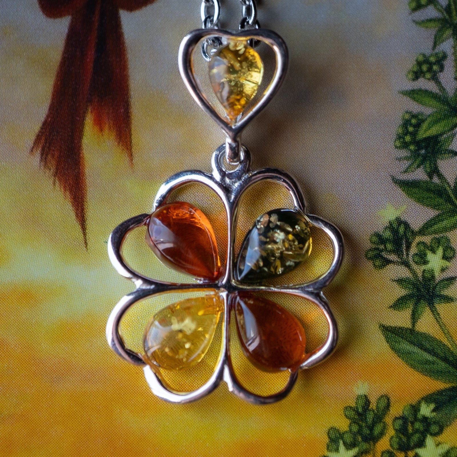Amber Four-Leaf Clover Pendant