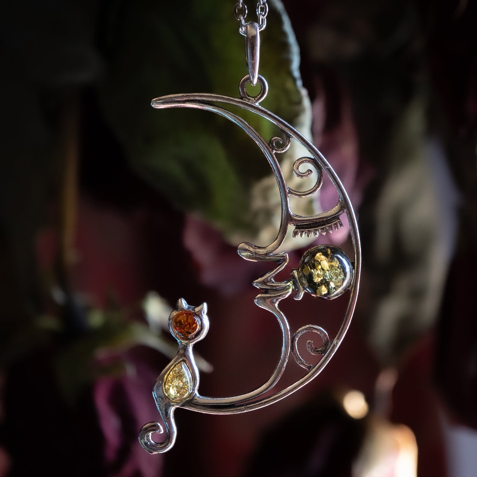 Amber Cat & Moon Pendant (.925)