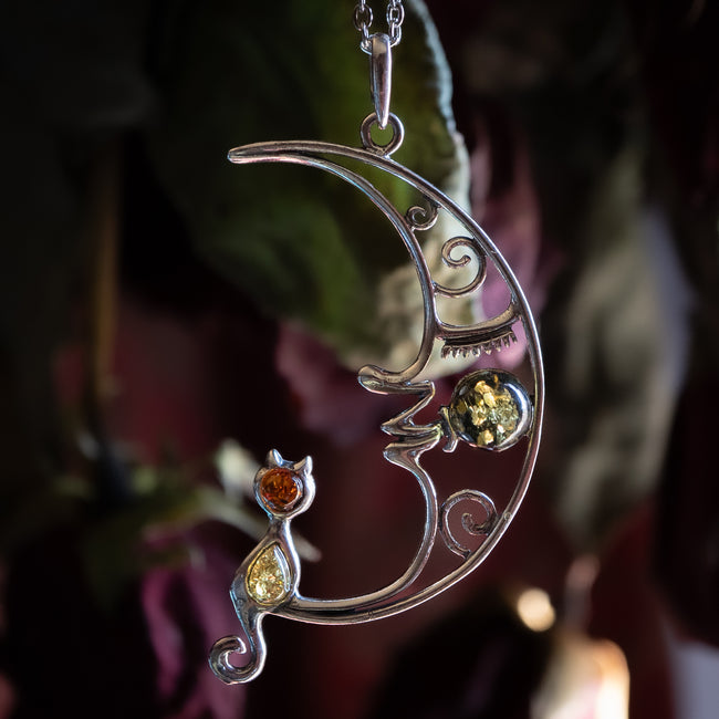 Amber Cat & Moon Pendant (.925)