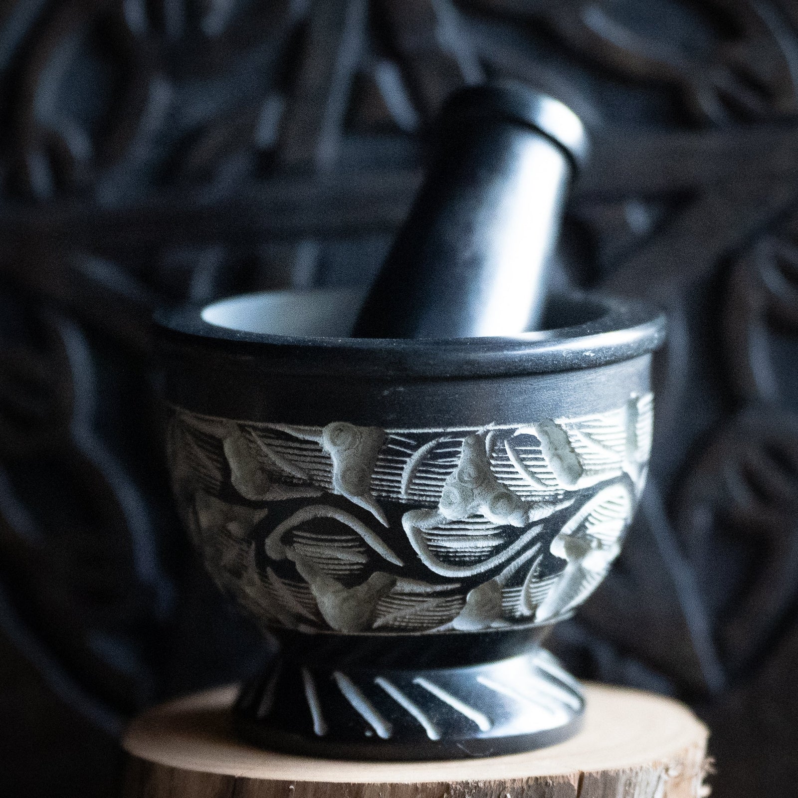 Floral Carved Mortar & Pestle