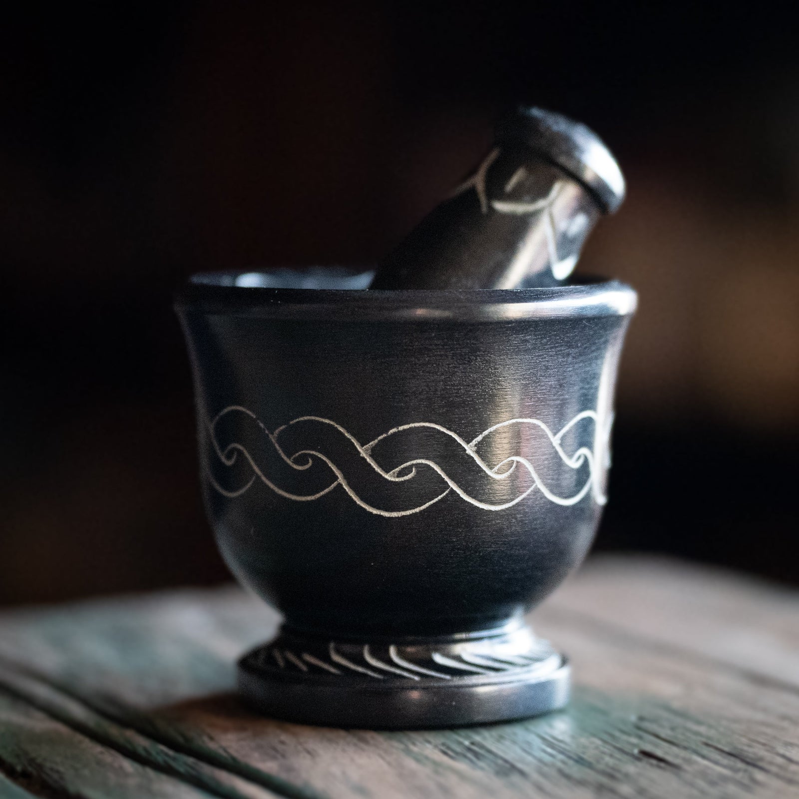 Black Carved Mortar & Pestle