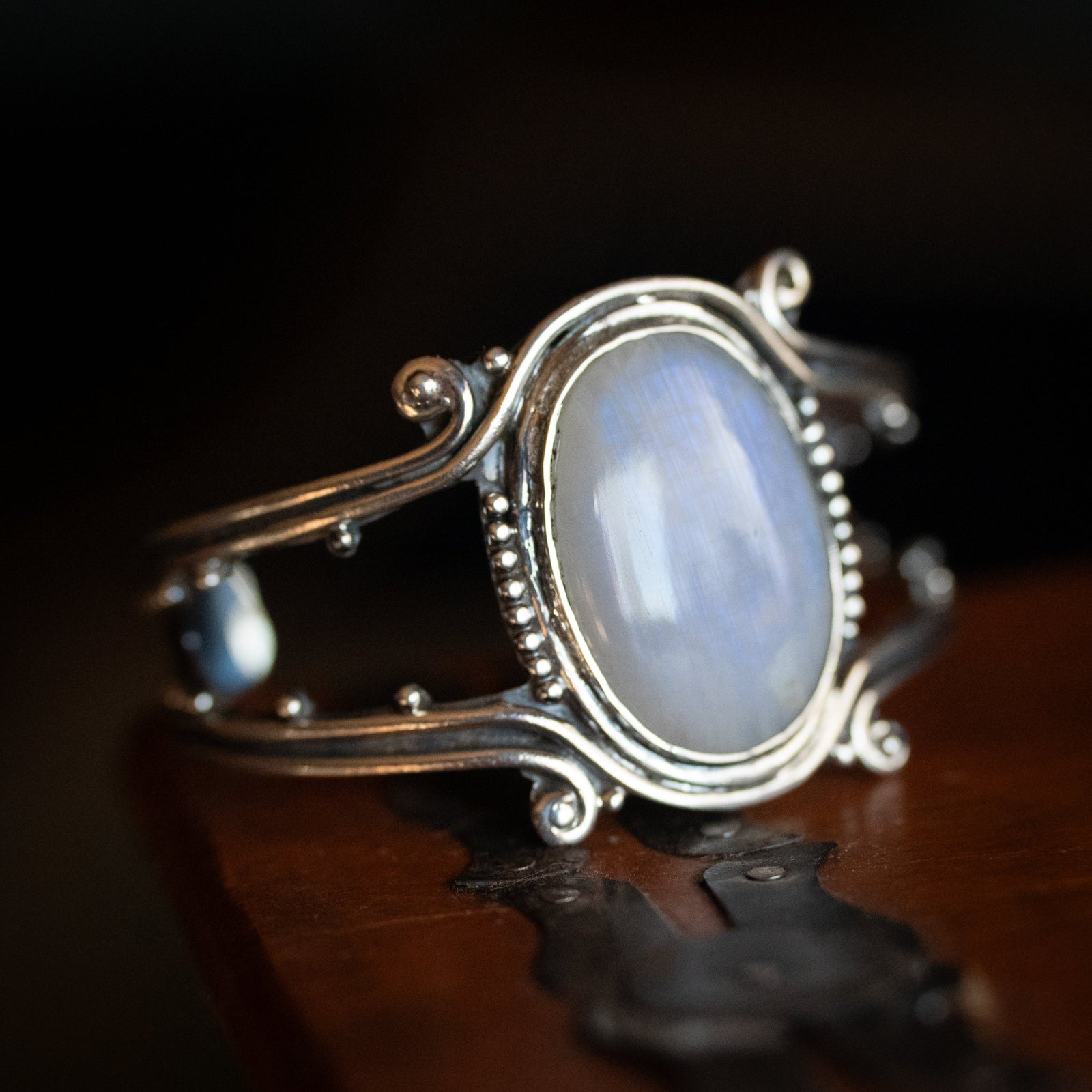 Blue-Flash Moonstone Silver Cuff