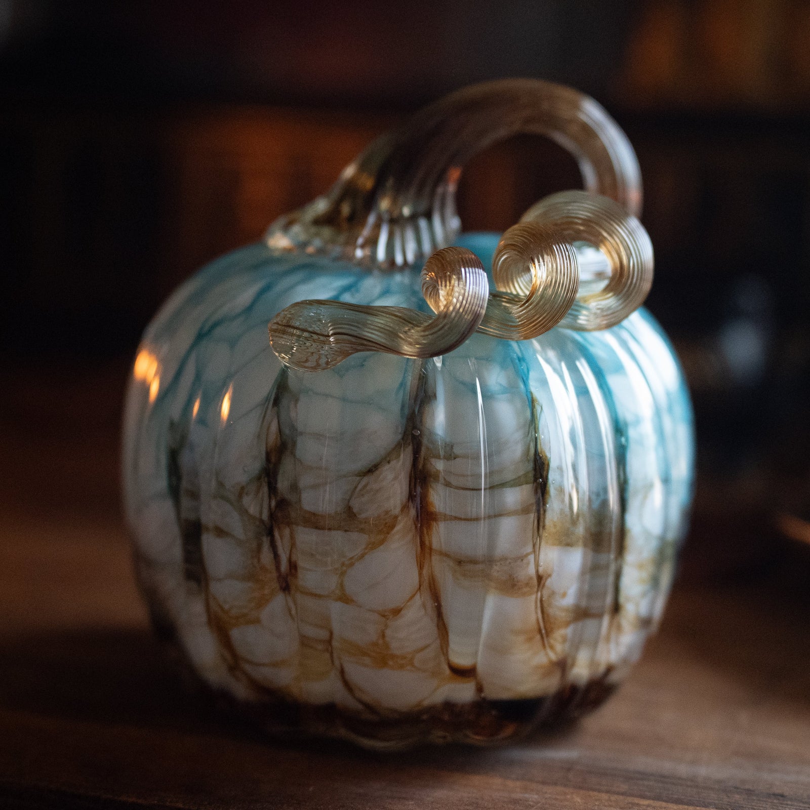 Blue & Copper Handblown Glass Pumpkin