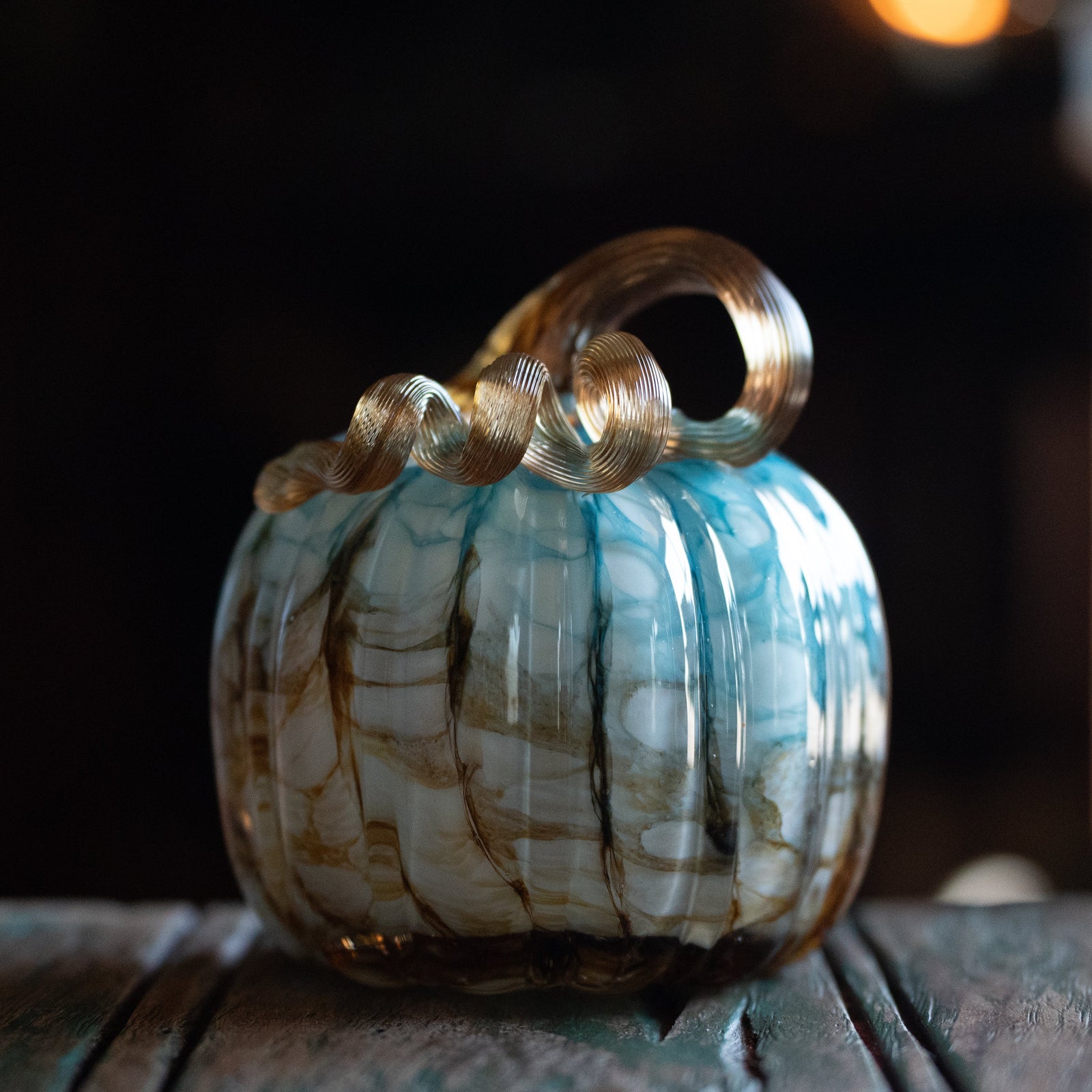Blue & Copper Handblown Glass Pumpkin
