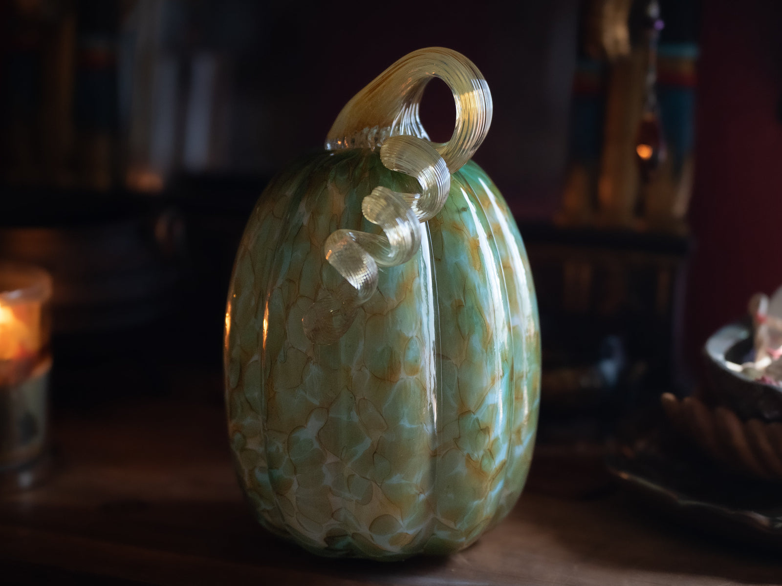 Green & Gold Handblown Glass Pumpkin