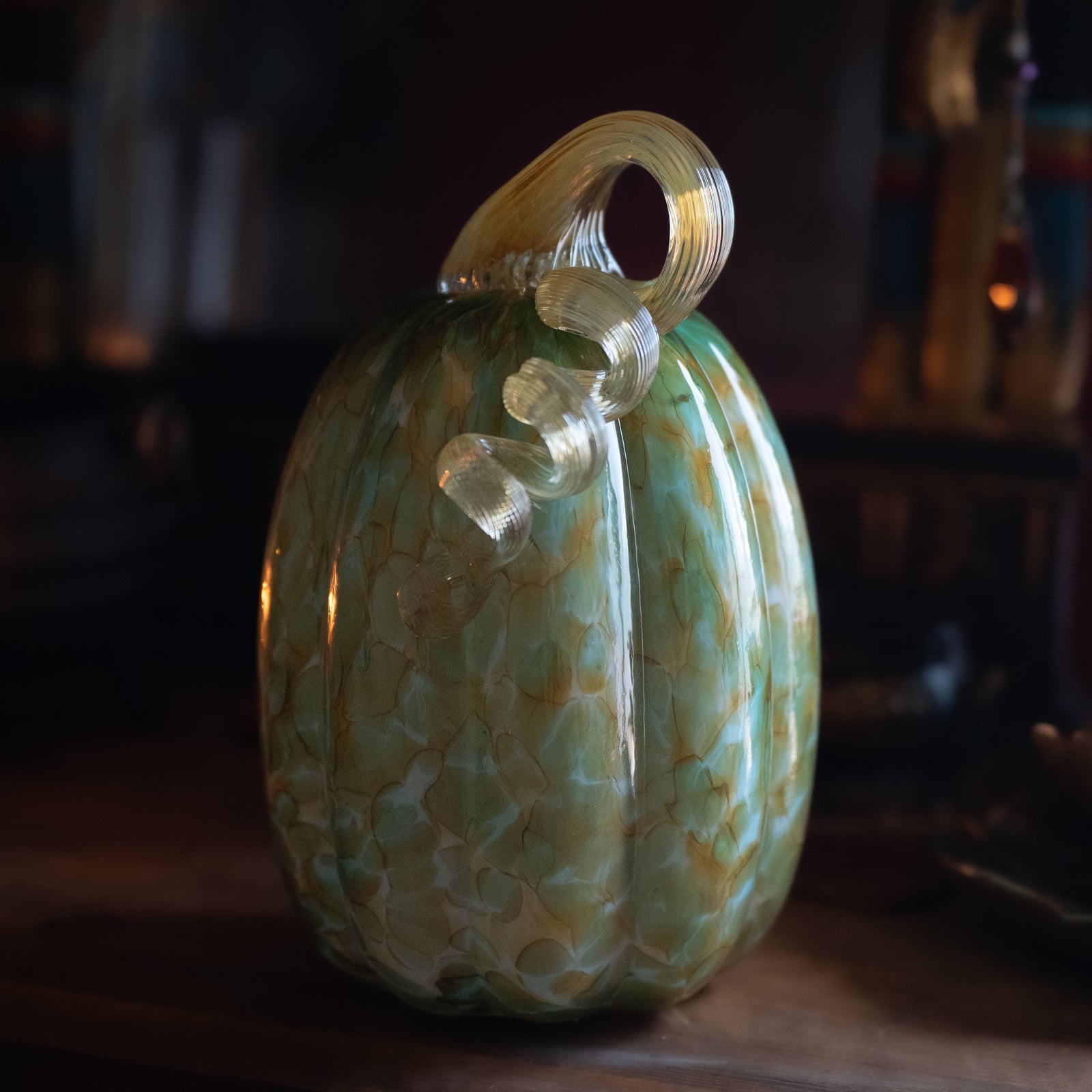 Green & Gold Handblown Glass Pumpkin