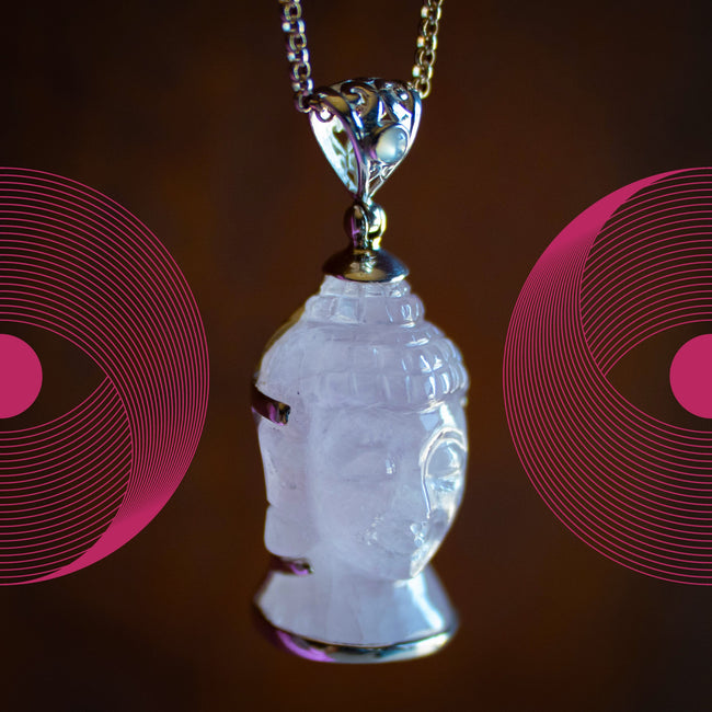 Hand-Carved Rose Quartz Buddha Head w/ Mother of Pearl Pendant (.925 Silver)