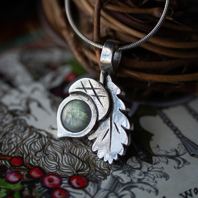 Acorn & Oak Leaf Necklace w/ Labradorite