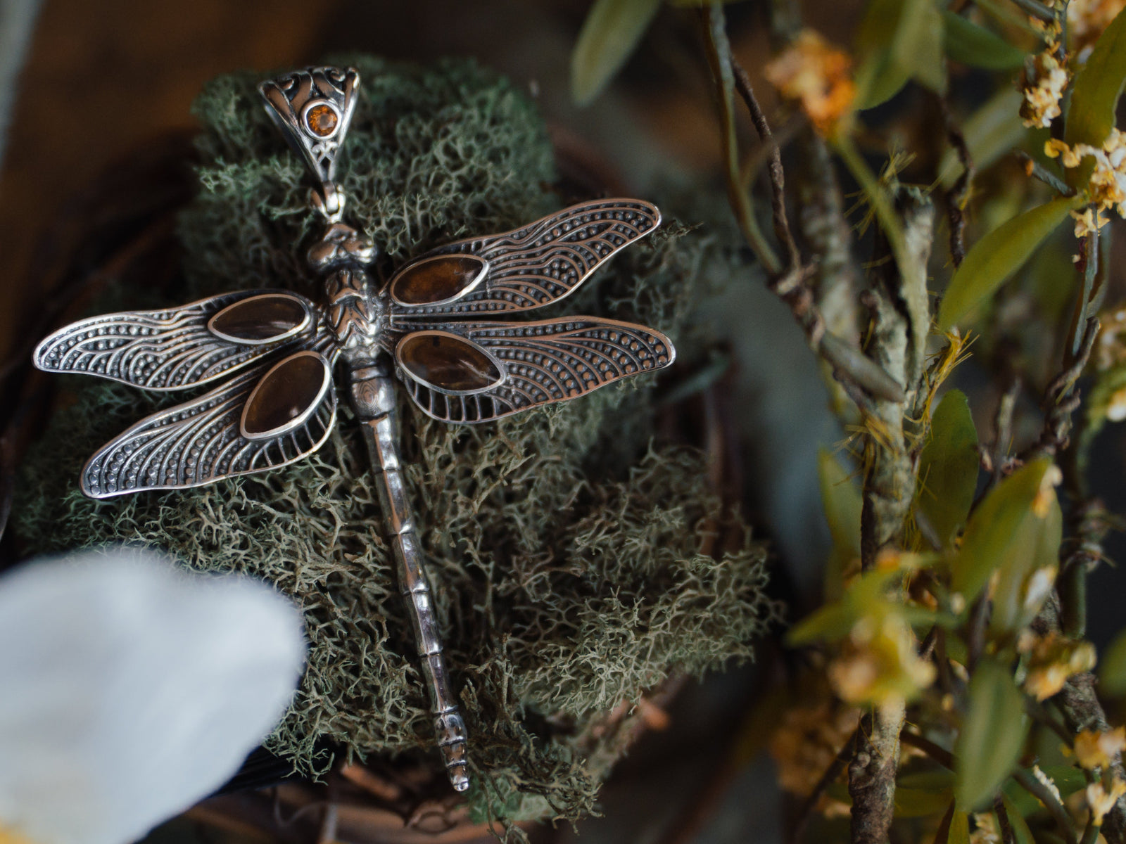 Amber & Citrine Dragonfly Talisman Pendant (.925)