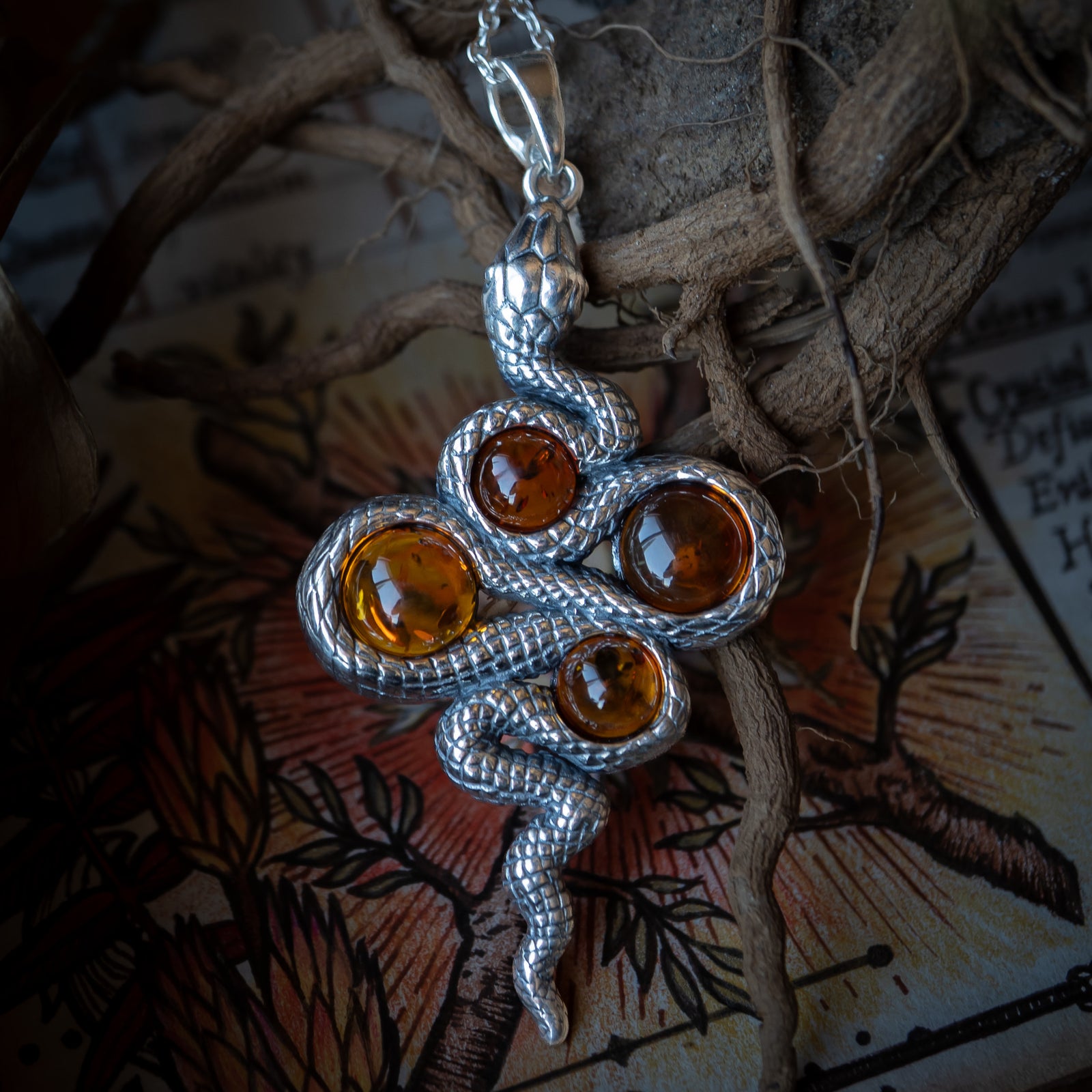 Cognac Amber Snake Pendant (.925 Silver)