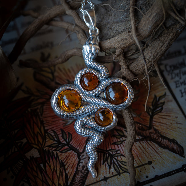 Cognac Amber Snake Pendant (.925 Silver)