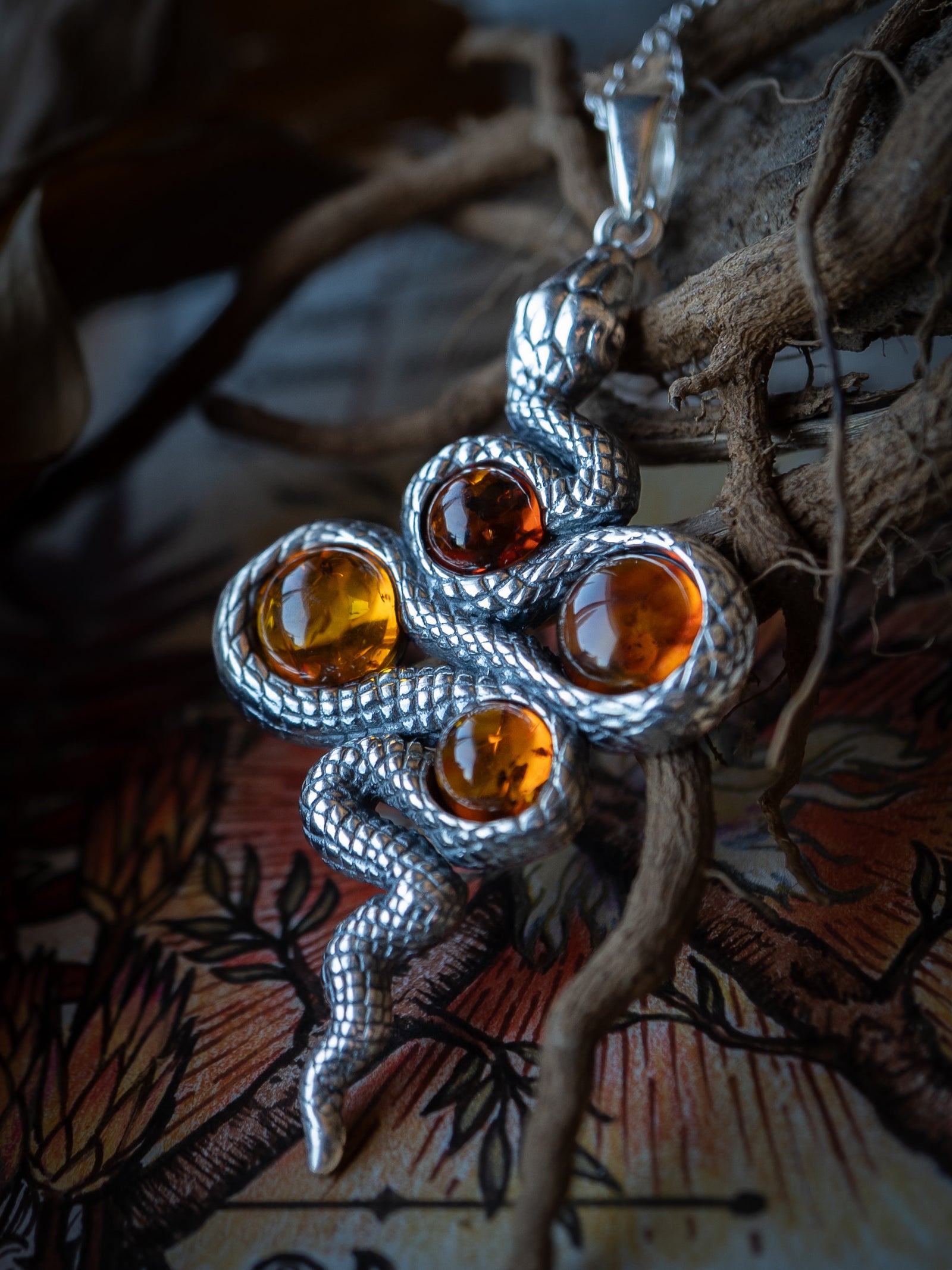 Cognac Amber Snake Pendant (.925 Silver)