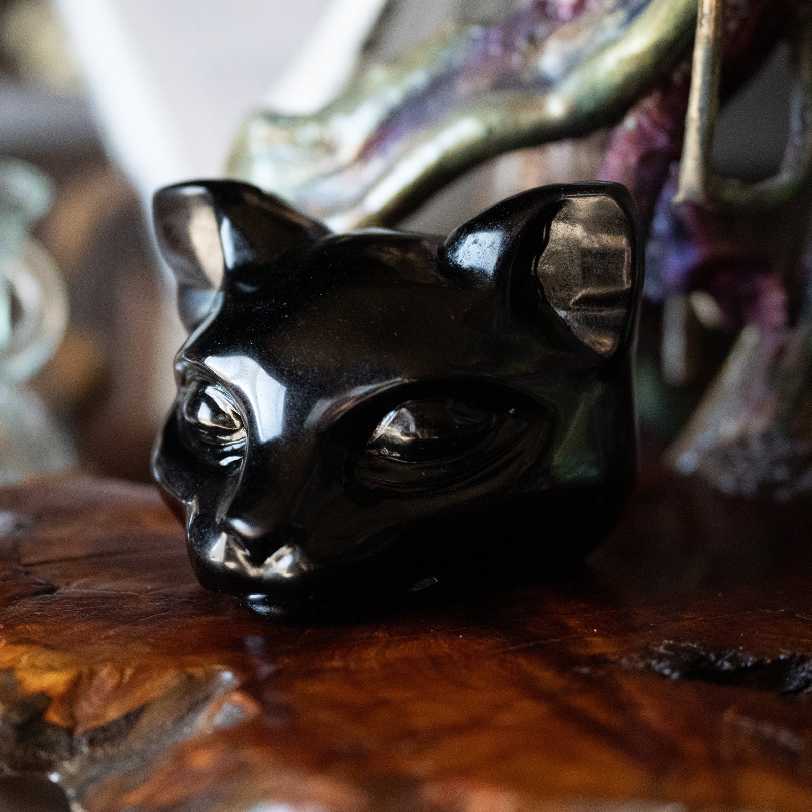 Large Carved Onyx Black Cat Head