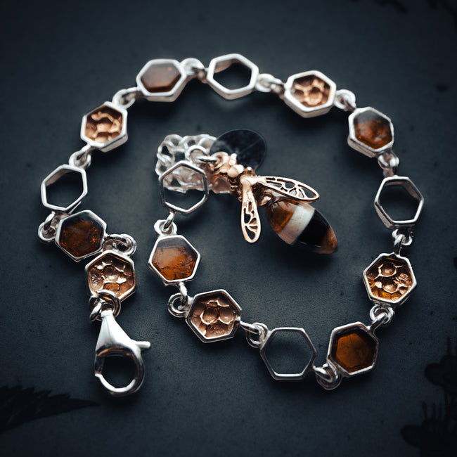 Amber Honeycomb Link Bee Bracelet (14K & .925)