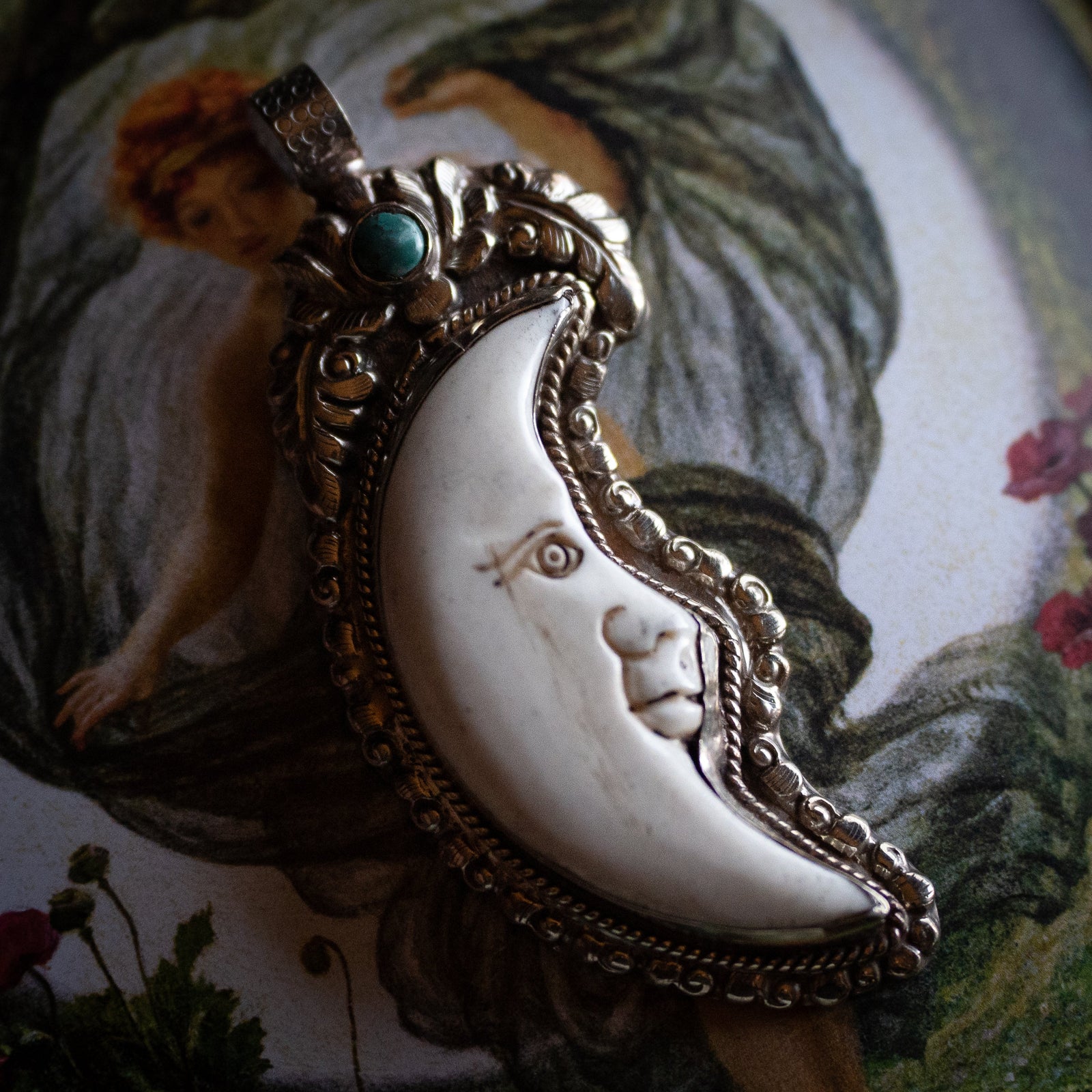 Carved Bone Crescent Moon Pendant