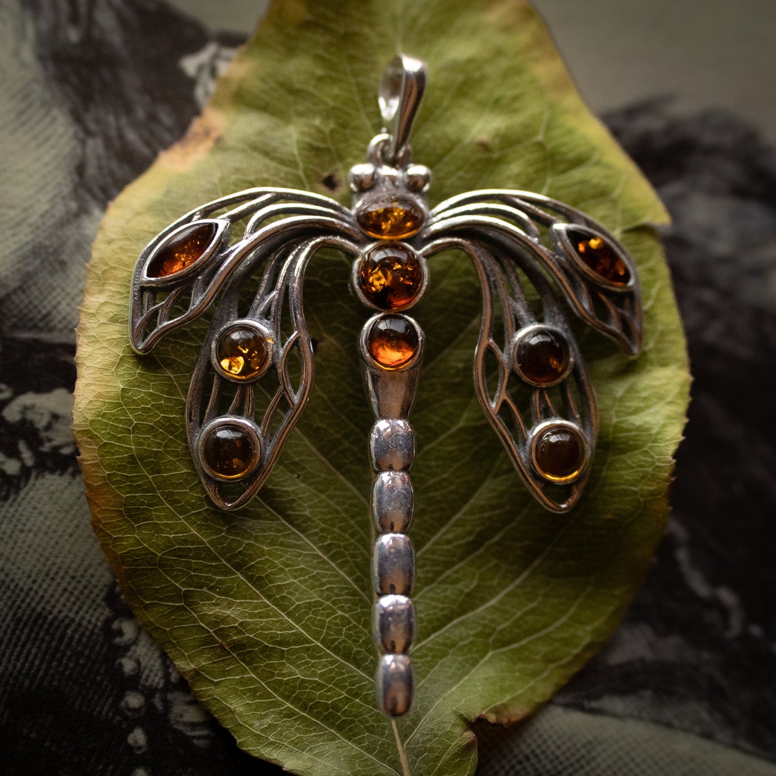 Cognac Amber Dragonfly Pendant (.952)