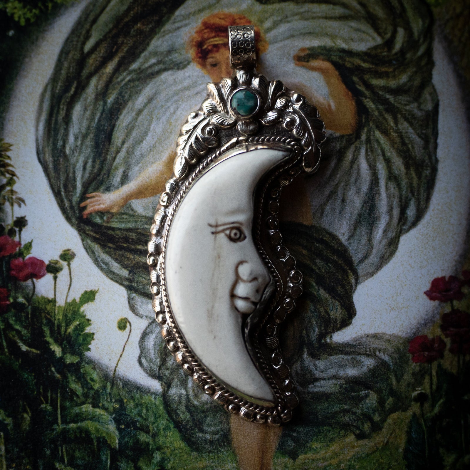 Carved Bone Crescent Moon Pendant