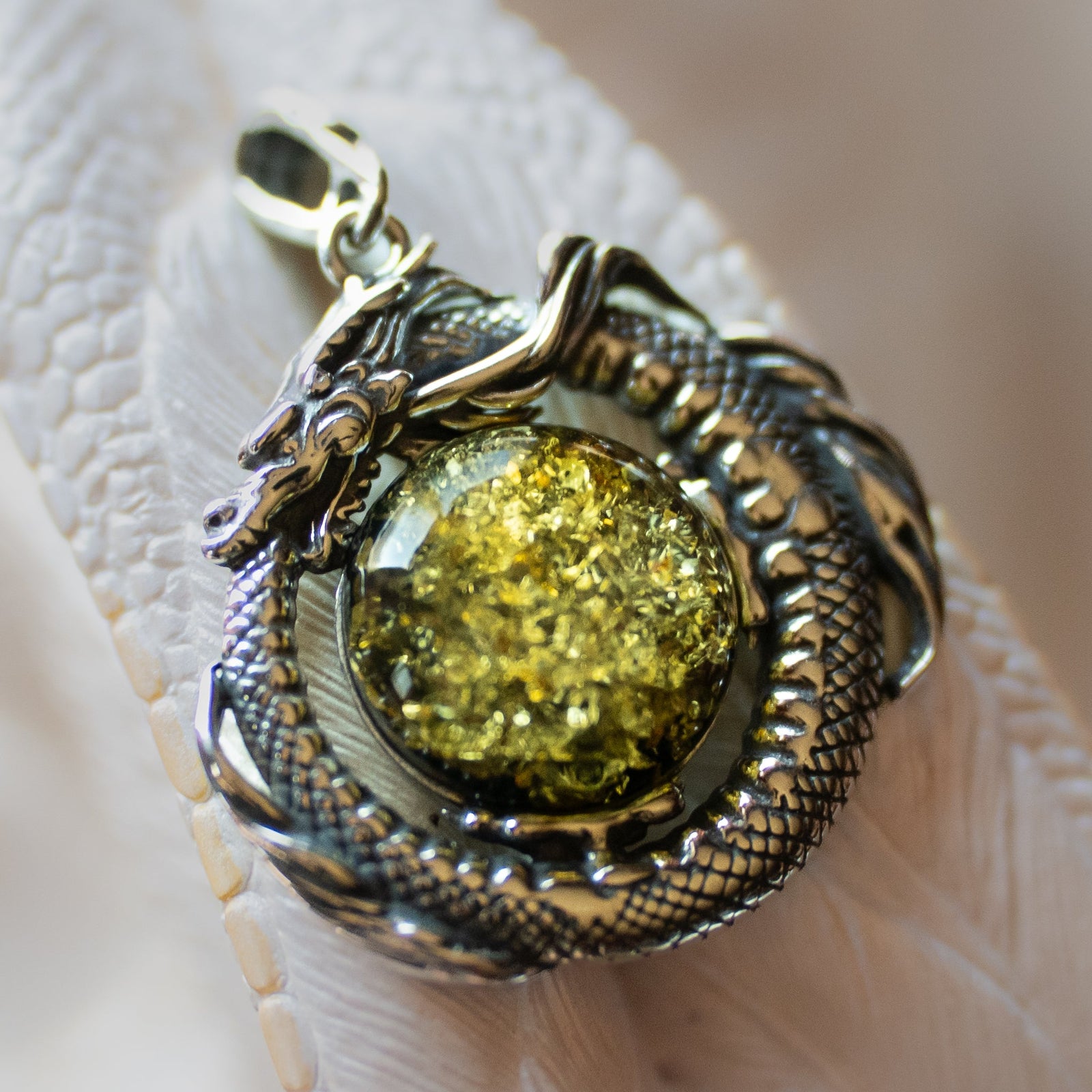 Green Amber Dragon Pendant