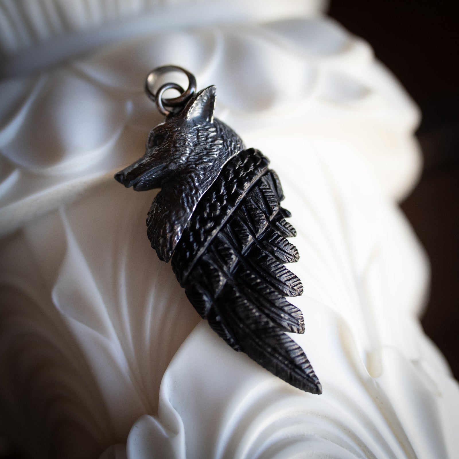 Silver Wolf Head w/ Carved Fossil Palm Wood Wings Pendant (.925 Silver)