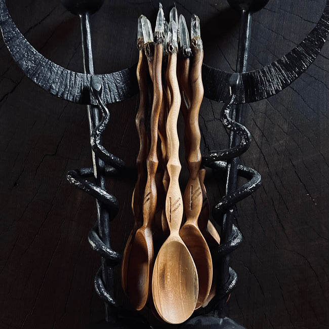 Exclusive Fehu Wooden Spoon with Clear Quartz Crystal