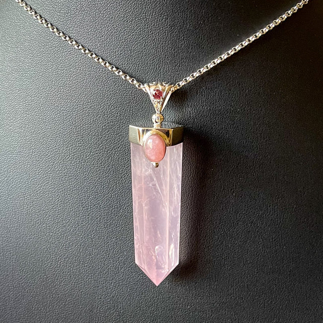 Rose Quartz Point w/ Rhodochrosite & Garnet Pendant