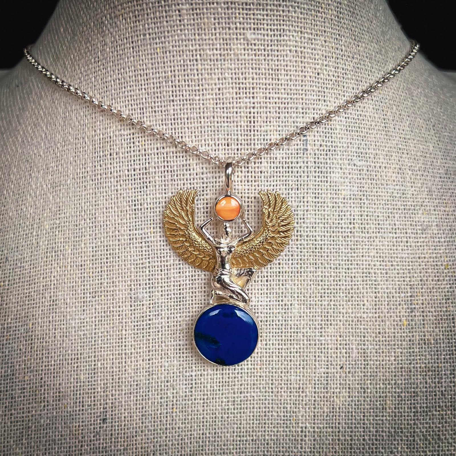 Gold Plated Lapis Lazuli & Spiny Oyster Shell Isis Pendant (.925 Silver)